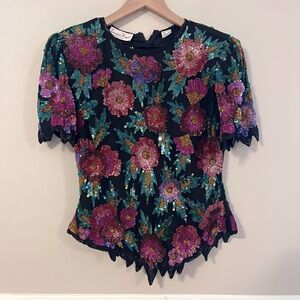 Laurence Kazar Women’s Vintage Beaded Floral Silk Blouse Size M Sequin Pink NWT